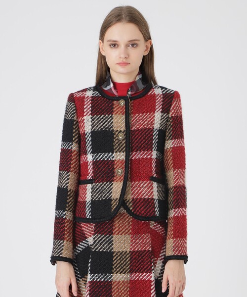 BLUE LABEL CRESTBRIDGE(ブルーレーベルクレストブリッジ)の「【10th ANNIVERSARY】クレストブリッジチェックロービングツィードジャケット(ノーカラージャケット・レディース・レッド・38/36)」の3枚目の写真