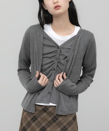 Vネックレイヤード風スラブカーディガン / ブラック グレー カーディガン レイヤード ドッキング ニット 春服 秋服 冬服 長袖 トップス 韓国 ガーリー カジュアル シンプル ノームコア 無地 オフィスカジュアル