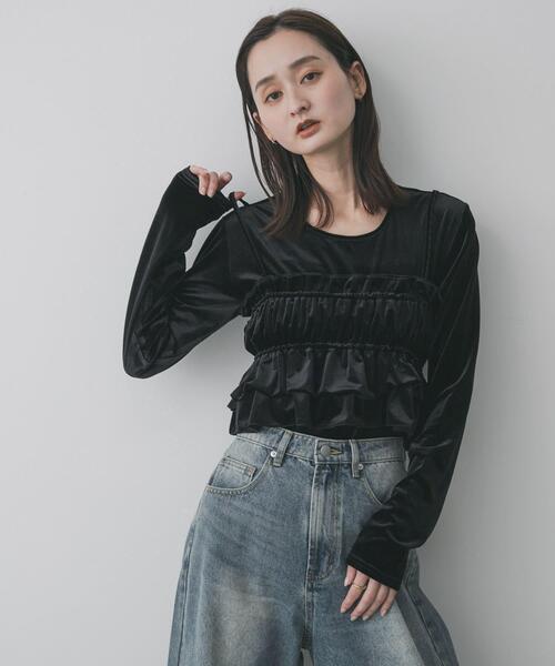 SENSE OF PLACE by URBAN RESEARCH（センスオブプレイスバイアーバンリサーチ）の「『洗濯可』フリルビスチェセットベロアトップ（Tシャツ/カットソー・レディース・アイボリー/ブラック/ブラウン・ONE）」の2枚目の写真