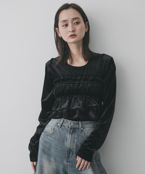 SENSE OF PLACE by URBAN RESEARCH（センスオブプレイスバイアーバンリサーチ）の「『洗濯可』フリルビスチェセットベロアトップ（Tシャツ/カットソー・レディース・アイボリー/ブラック/ブラウン・ONE）」の4枚目の写真