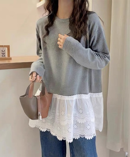 ONEP STAR(ワンピスター)の「レース切替デザイントップス(Tシャツ/カットソー・レディース・ホワイト/グレー・MEDIUM/LARGE)」の3枚目の写真