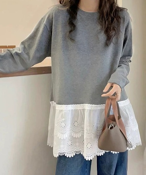 ONEP STAR(ワンピスター)の「レース切替デザイントップス(Tシャツ/カットソー・レディース・ホワイト/グレー・MEDIUM/LARGE)」の4枚目の写真
