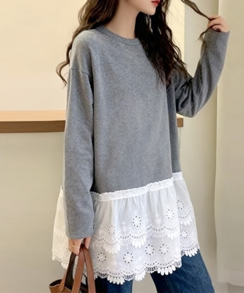 ONEP STAR(ワンピスター)の「レース切替デザイントップス(Tシャツ/カットソー・レディース・ホワイト/グレー・MEDIUM/LARGE)」の6枚目の写真