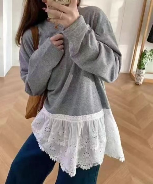 ONEP STAR(ワンピスター)の「レース切替デザイントップス(Tシャツ/カットソー・レディース・ホワイト/グレー・MEDIUM/LARGE)」の7枚目の写真