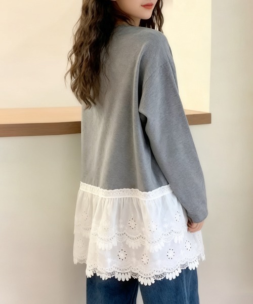 ONEP STAR(ワンピスター)の「レース切替デザイントップス(Tシャツ/カットソー・レディース・ホワイト/グレー・MEDIUM/LARGE)」の8枚目の写真