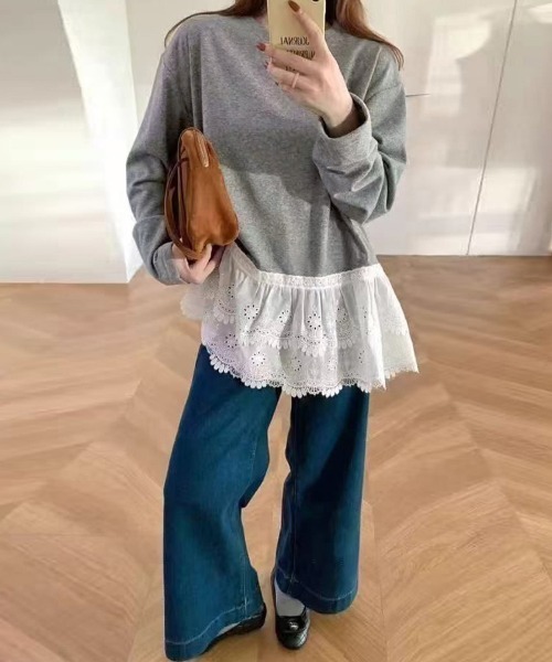 ONEP STAR(ワンピスター)の「レース切替デザイントップス(Tシャツ/カットソー・レディース・ホワイト/グレー・MEDIUM/LARGE)」の9枚目の写真