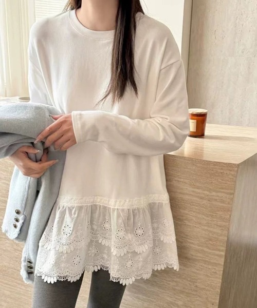 ONEP STAR(ワンピスター)の「レース切替デザイントップス(Tシャツ/カットソー・レディース・ホワイト/グレー・MEDIUM/LARGE)」の11枚目の写真