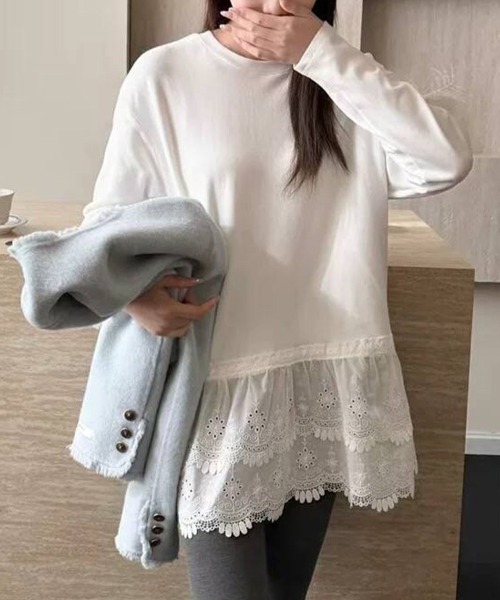 ONEP STAR(ワンピスター)の「レース切替デザイントップス(Tシャツ/カットソー・レディース・ホワイト/グレー・MEDIUM/LARGE)」の13枚目の写真