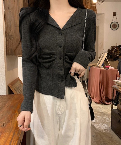 セール】オープンカラーフロントギャザートップス（Tシャツ/カットソー