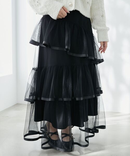 MAJESTIC LEGON（マジェスティックレゴン）の「バックレースアップチュールスカート（スカート・レディース・アイボリー/ブラック/グレー・MEDIUM）」の2枚目の写真