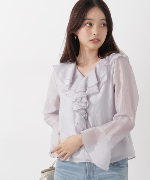 PROPORTION BODY DRESSING(プロポーションボディドレッシング)の「シアー楊柳ラッフルブラウス / 1216110201(シャツ/ブラウス・レディース・ダークグレー/ホワイト系その他/パープル・FREE)」の3枚目の写真