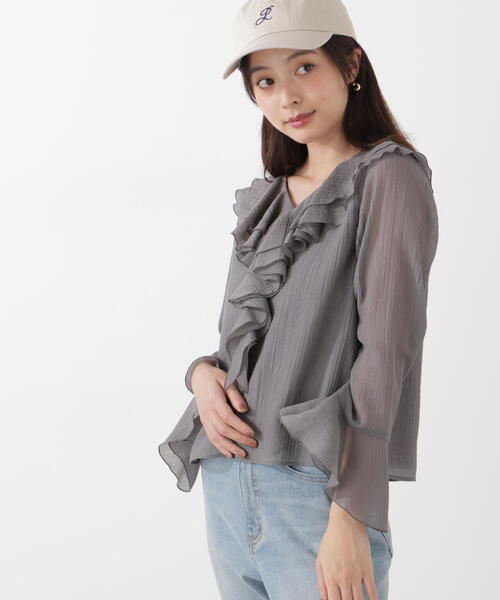 PROPORTION BODY DRESSING(プロポーションボディドレッシング)の「シアー楊柳ラッフルブラウス / 1216110201(シャツ/ブラウス・レディース・ダークグレー/ホワイト系その他/パープル・FREE)」の10枚目の写真