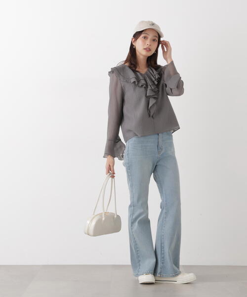 PROPORTION BODY DRESSING(プロポーションボディドレッシング)の「シアー楊柳ラッフルブラウス / 1216110201(シャツ/ブラウス・レディース・ダークグレー/ホワイト系その他/パープル・FREE)」の6枚目の写真