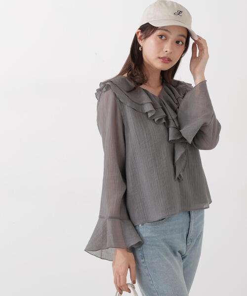 PROPORTION BODY DRESSING(プロポーションボディドレッシング)の「シアー楊柳ラッフルブラウス / 1216110201(シャツ/ブラウス・レディース・ダークグレー/ホワイト系その他/パープル・FREE)」の5枚目の写真