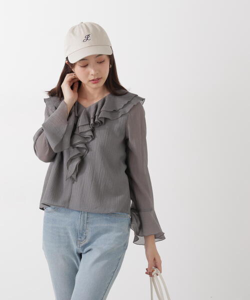 PROPORTION BODY DRESSING(プロポーションボディドレッシング)の「シアー楊柳ラッフルブラウス / 1216110201(シャツ/ブラウス・レディース・ダークグレー/ホワイト系その他/パープル・FREE)」の4枚目の写真