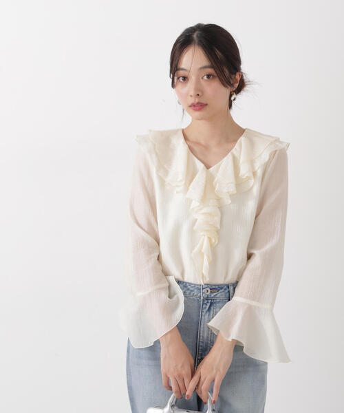 PROPORTION BODY DRESSING(プロポーションボディドレッシング)の「シアー楊柳ラッフルブラウス / 1216110201(シャツ/ブラウス・レディース・ダークグレー/ホワイト系その他/パープル・FREE)」の13枚目の写真