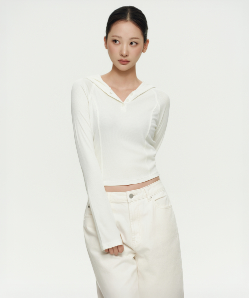 Womens リブスリムフード付き длинный рукав футболка [Aivory]