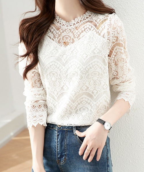 ONEP STAR(ワンピスター)の「総レース×スカラップネックブラウス(シャツ/ブラウス・レディース・ピンク/ベージュ・LARGE/X-LARGE/MEDIUM)」の8枚目の写真