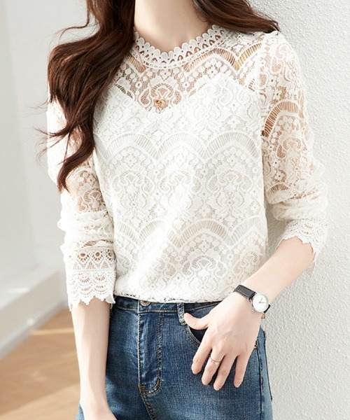 ONEP STAR(ワンピスター)の「総レース×スカラップネックブラウス(シャツ/ブラウス・レディース・ピンク/ベージュ・LARGE/X-LARGE/MEDIUM)」の9枚目の写真