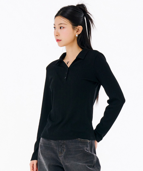 CHASECULT（チェイスカルト）の「レディースリブオープンカラー長袖Tシャツ-FARG5162B03（ポロシャツ・レディース・ブラック・85/90/95）」の2枚目の写真