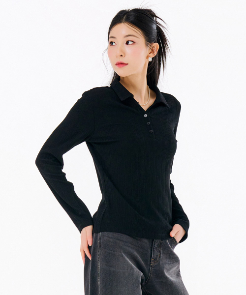 CHASECULT（チェイスカルト）の「レディースリブオープンカラー長袖Tシャツ-FARG5162B03（ポロシャツ・レディース・ブラック・85/90/95）」の3枚目の写真