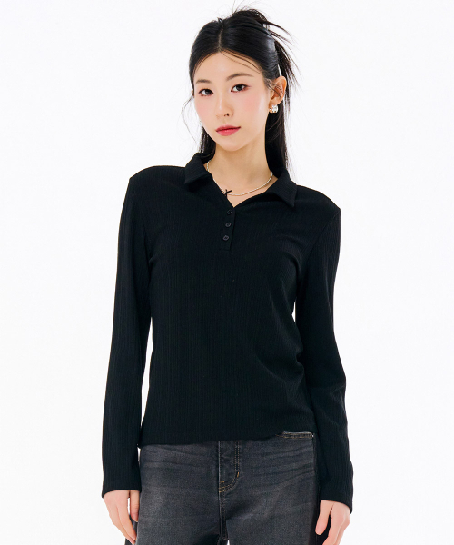 CHASECULT（チェイスカルト）の「レディースリブオープンカラー長袖Tシャツ-FARG5162B03（ポロシャツ・レディース・ブラック・85/90/95）」の4枚目の写真