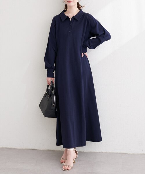 natural couture(ナチュラルクチュール)の「フレアポロカットソーワンピース(ワンピース・レディース・ピンクベージュ/ネイビー/チャコールグレー/グレー・FREE)」の5枚目の写真