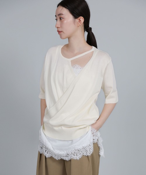 select MOCA Et（セレクトモカエト）の「【Et】Wrap-Style Half-Sleeve Light Knit（ニット/セーター・レディース・ブラック/アイボリー/ライトベージュ・FREE）」の2枚目の写真