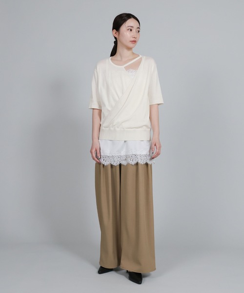 select MOCA Et（セレクトモカエト）の「【Et】Wrap-Style Half-Sleeve Light Knit（ニット/セーター・レディース・ブラック/アイボリー/ライトベージュ・FREE）」の9枚目の写真