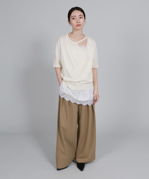 select MOCA Et（セレクトモカエト）の「【Et】Wrap-Style Half-Sleeve Light Knit（ニット/セーター・レディース・ブラック/アイボリー/ライトベージュ・FREE）」の4枚目の写真