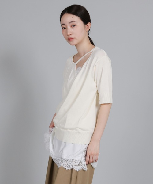 select MOCA Et（セレクトモカエト）の「【Et】Wrap-Style Half-Sleeve Light Knit（ニット/セーター・レディース・ブラック/アイボリー/ライトベージュ・FREE）」の11枚目の写真