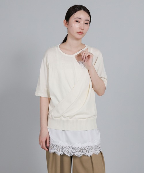 select MOCA Et（セレクトモカエト）の「【Et】Wrap-Style Half-Sleeve Light Knit（ニット/セーター・レディース・ブラック/アイボリー/ライトベージュ・FREE）」の8枚目の写真