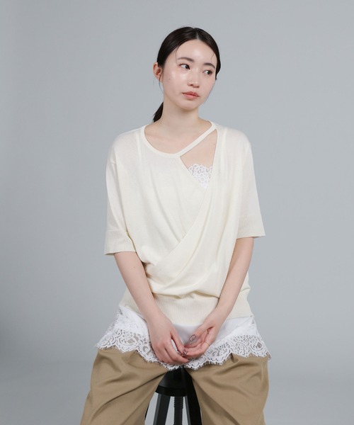 select MOCA Et（セレクトモカエト）の「【Et】Wrap-Style Half-Sleeve Light Knit（ニット/セーター・レディース・ブラック/アイボリー/ライトベージュ・FREE）」の10枚目の写真