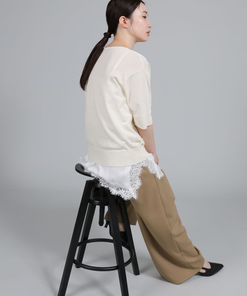 select MOCA Et（セレクトモカエト）の「【Et】Wrap-Style Half-Sleeve Light Knit（ニット/セーター・レディース・ブラック/アイボリー/ライトベージュ・FREE）」の12枚目の写真
