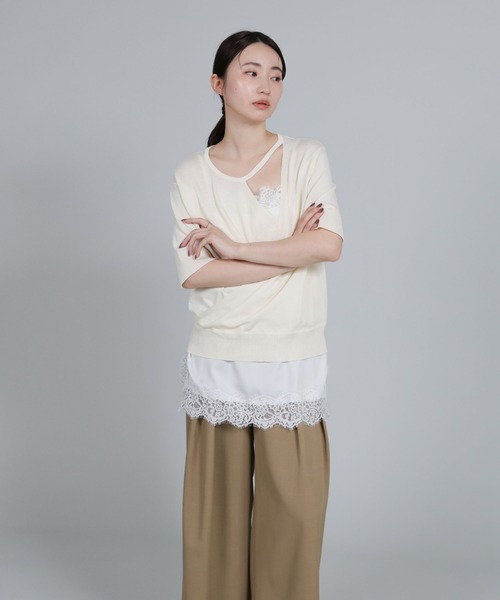 select MOCA Et（セレクトモカエト）の「【Et】Wrap-Style Half-Sleeve Light Knit（ニット/セーター・レディース・ブラック/アイボリー/ライトベージュ・FREE）」の7枚目の写真