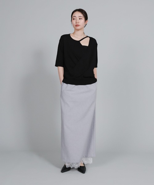 select MOCA Et（セレクトモカエト）の「【Et】Wrap-Style Half-Sleeve Light Knit（ニット/セーター・レディース・ブラック/アイボリー/ライトベージュ・FREE）」の5枚目の写真
