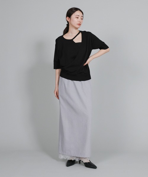 select MOCA Et（セレクトモカエト）の「【Et】Wrap-Style Half-Sleeve Light Knit（ニット/セーター・レディース・ブラック/アイボリー/ライトベージュ・FREE）」の17枚目の写真