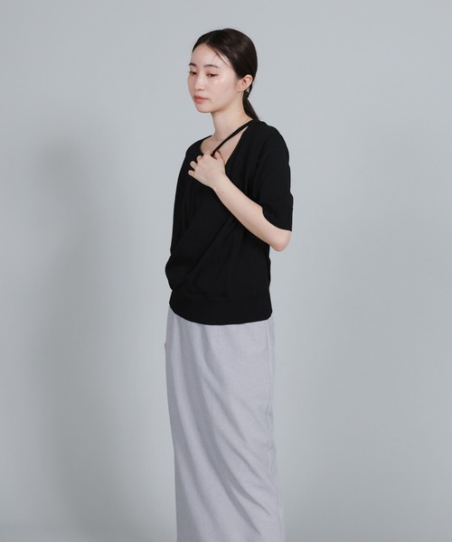 select MOCA Et（セレクトモカエト）の「【Et】Wrap-Style Half-Sleeve Light Knit（ニット/セーター・レディース・ブラック/アイボリー/ライトベージュ・FREE）」の19枚目の写真