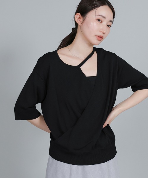 select MOCA Et（セレクトモカエト）の「【Et】Wrap-Style Half-Sleeve Light Knit（ニット/セーター・レディース・ブラック/アイボリー/ライトベージュ・FREE）」の15枚目の写真