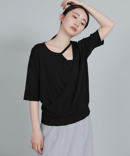 select MOCA Et（セレクトモカエト）の「【Et】Wrap-Style Half-Sleeve Light Knit（ニット/セーター・レディース・ブラック/アイボリー/ライトベージュ・FREE）」の16枚目の写真