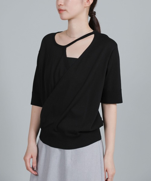 select MOCA Et（セレクトモカエト）の「【Et】Wrap-Style Half-Sleeve Light Knit（ニット/セーター・レディース・ブラック/アイボリー/ライトベージュ・FREE）」の18枚目の写真