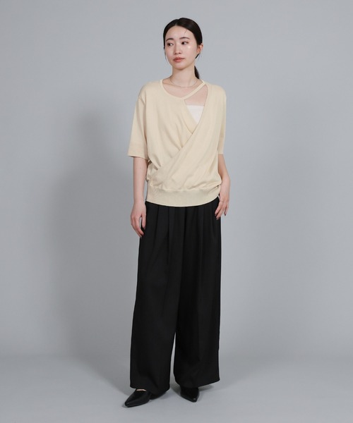 select MOCA Et（セレクトモカエト）の「【Et】Wrap-Style Half-Sleeve Light Knit（ニット/セーター・レディース・ブラック/アイボリー/ライトベージュ・FREE）」の6枚目の写真