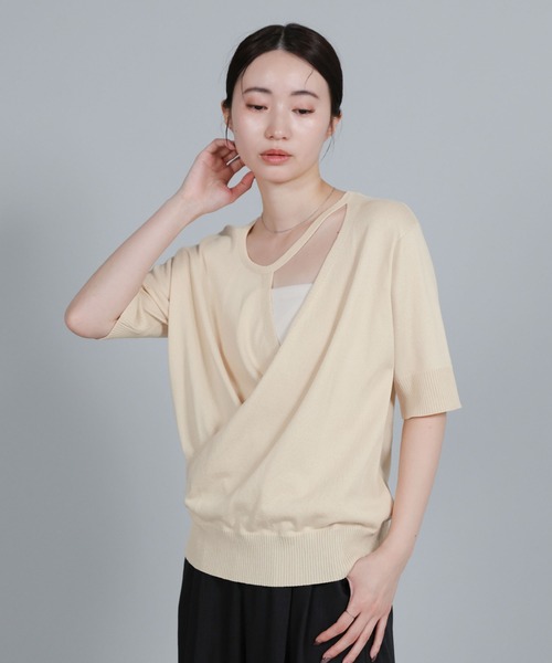 select MOCA Et（セレクトモカエト）の「【Et】Wrap-Style Half-Sleeve Light Knit（ニット/セーター・レディース・ブラック/アイボリー/ライトベージュ・FREE）」の22枚目の写真