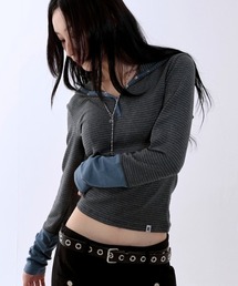 A'GEM/9 × .kom 『runningHIGH/ランニングハイ』 STRIPE BUTTON SLIM HOODIE/ボーダーボタンスリムフードトップス
