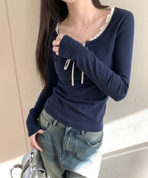 Feliz（フェリス）の「スリムフィットレイヤード風リボントップス（Tシャツ/カットソー・レディース・ネイビー/ホワイト/オフホワイト/ブラック・L）」の21枚目の写真