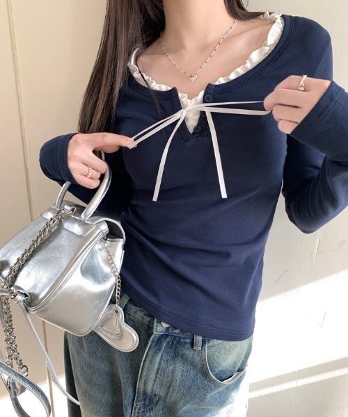 Feliz（フェリス）の「スリムフィットレイヤード風リボントップス（Tシャツ/カットソー・レディース・ネイビー/ホワイト/オフホワイト/ブラック・L）」の20枚目の写真