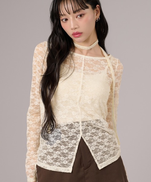apres jour mignon(アプレジュールミニョン)の「タイ付きレーストップス(Tシャツ/カットソー・レディース・アイボリー/ブラック/オフホワイト・LARGE/フリー)」の5枚目の写真