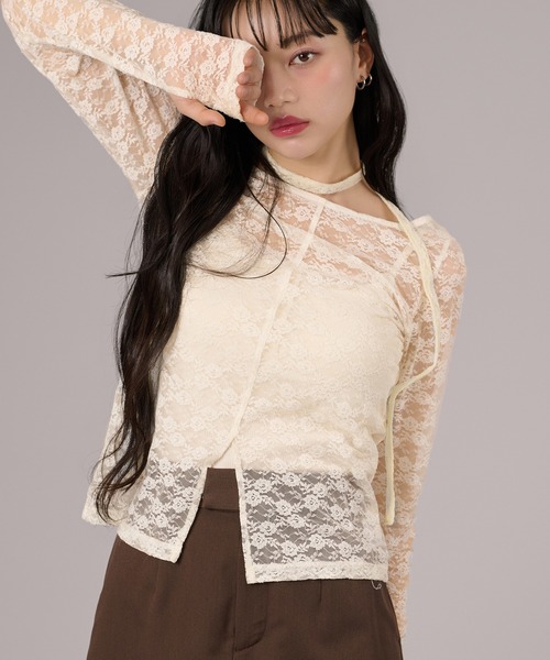 apres jour mignon(アプレジュールミニョン)の「タイ付きレーストップス(Tシャツ/カットソー・レディース・アイボリー/ブラック/オフホワイト・LARGE/フリー)」の6枚目の写真