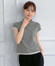 レースドット ハイネック半袖Tシャツ