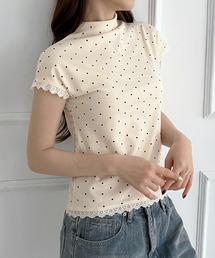 レースドット ハイネック半袖Tシャツ